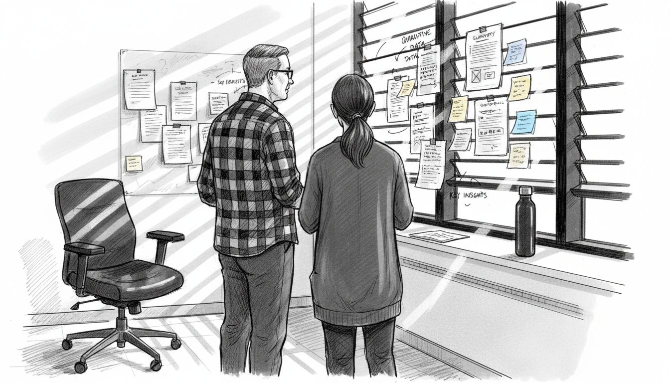 Researchers reviewing survey feedback on whiteboard