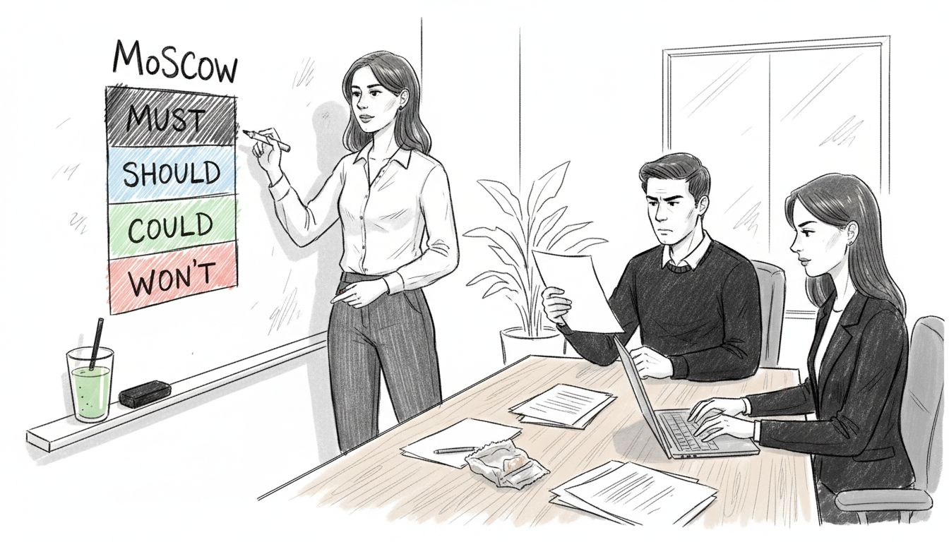 Project lead draws MoSCoW hierarchy on whiteboard