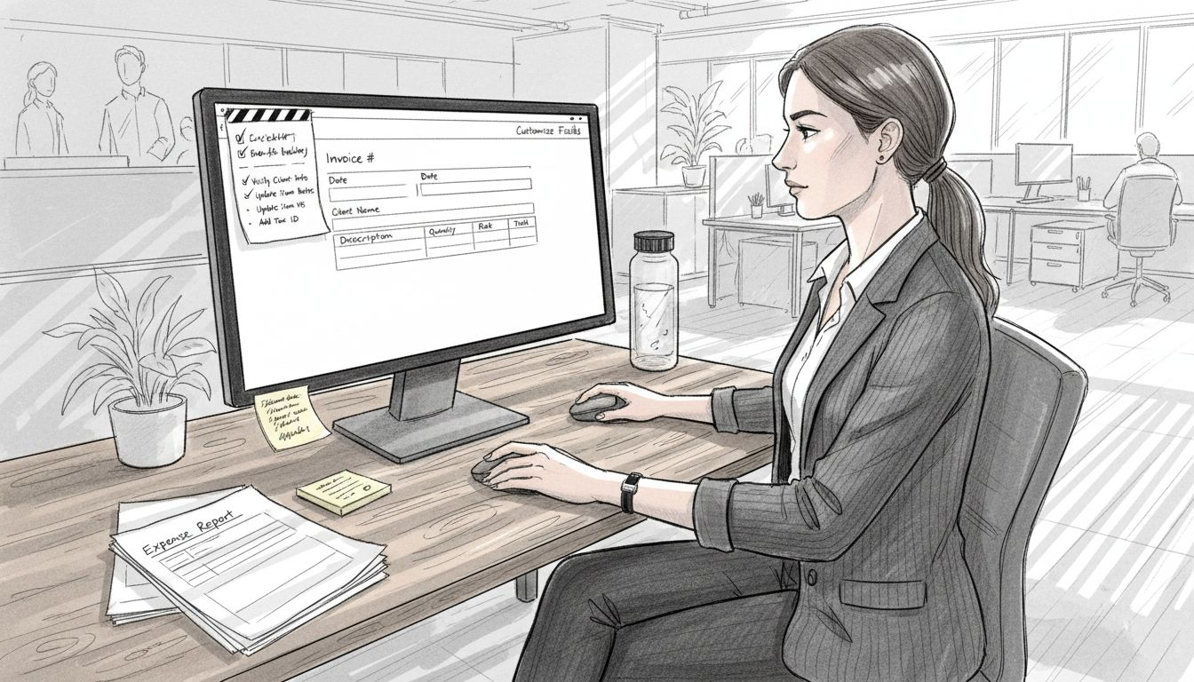 Woman customizing invoice fields at desk