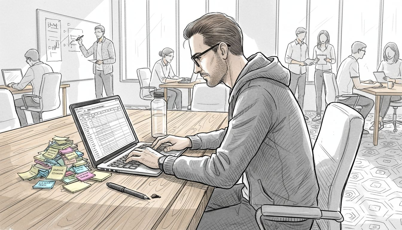 Project manager reviewing status report laptop