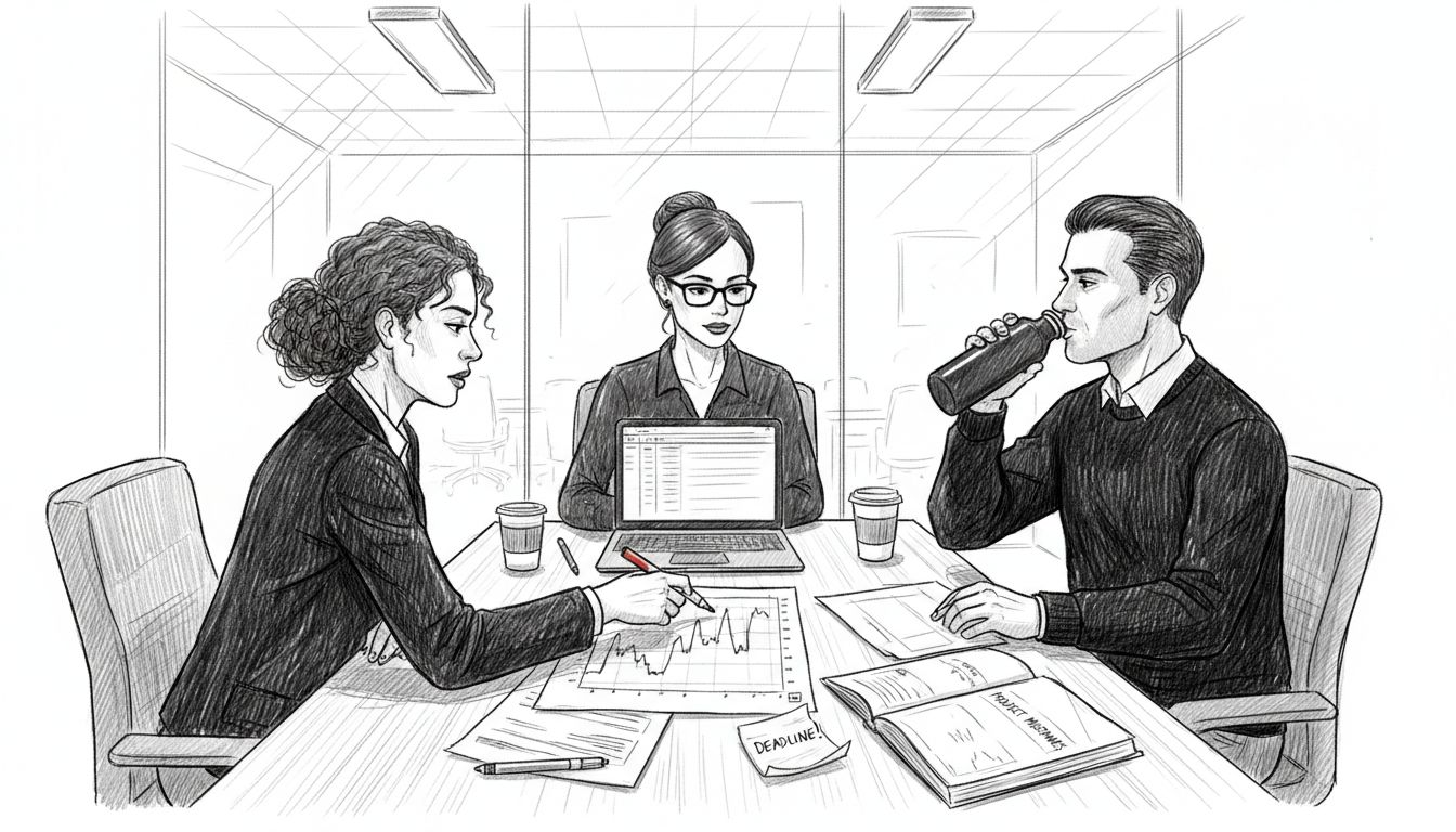 Team discussing project timeline at meeting table