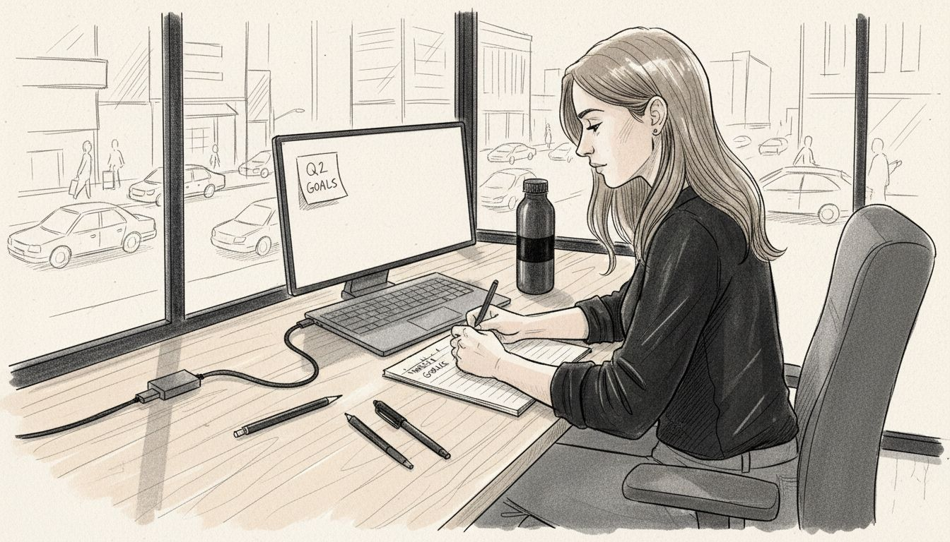 Worker writing weekly goals at shared workspace