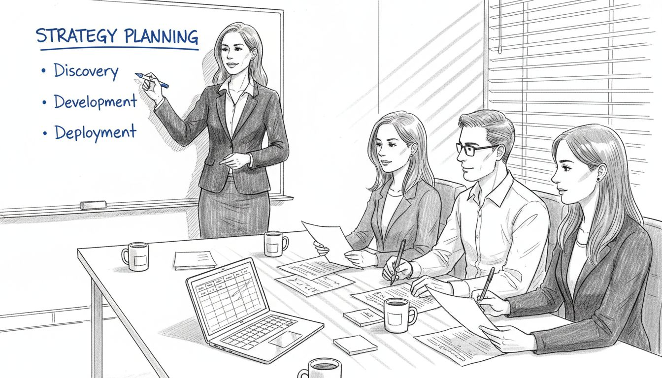 Project manager and team discussing workflow