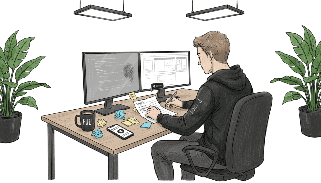 Developer updating handwritten task list at desk