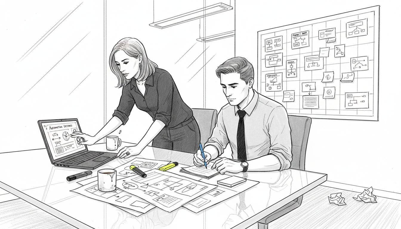 Colleagues reviewing workflow automation steps