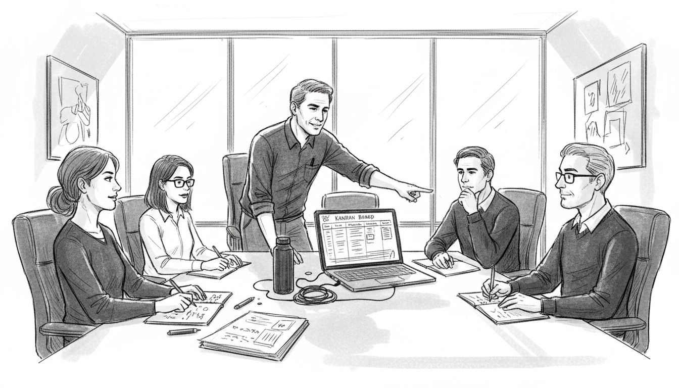 Team collaborates with AI in conference room