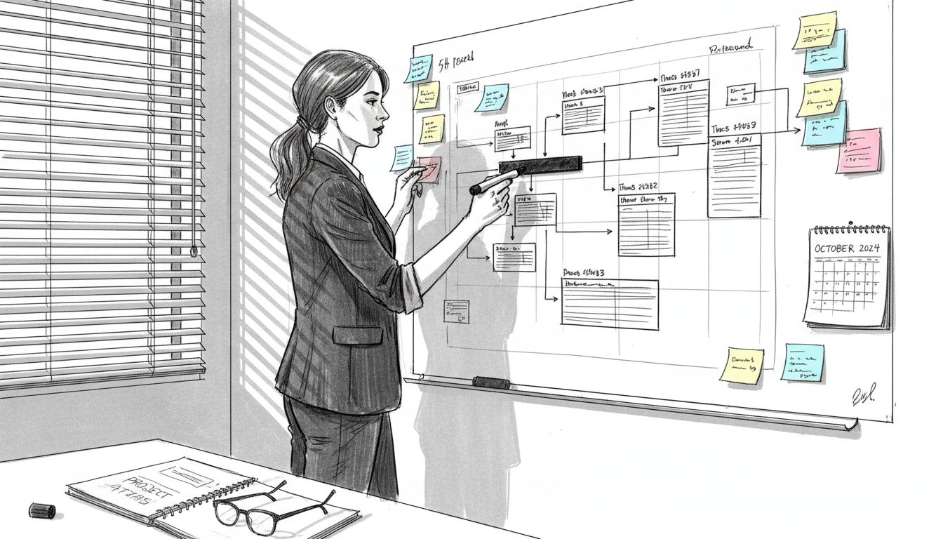 Team lead updating Gantt chart on whiteboard