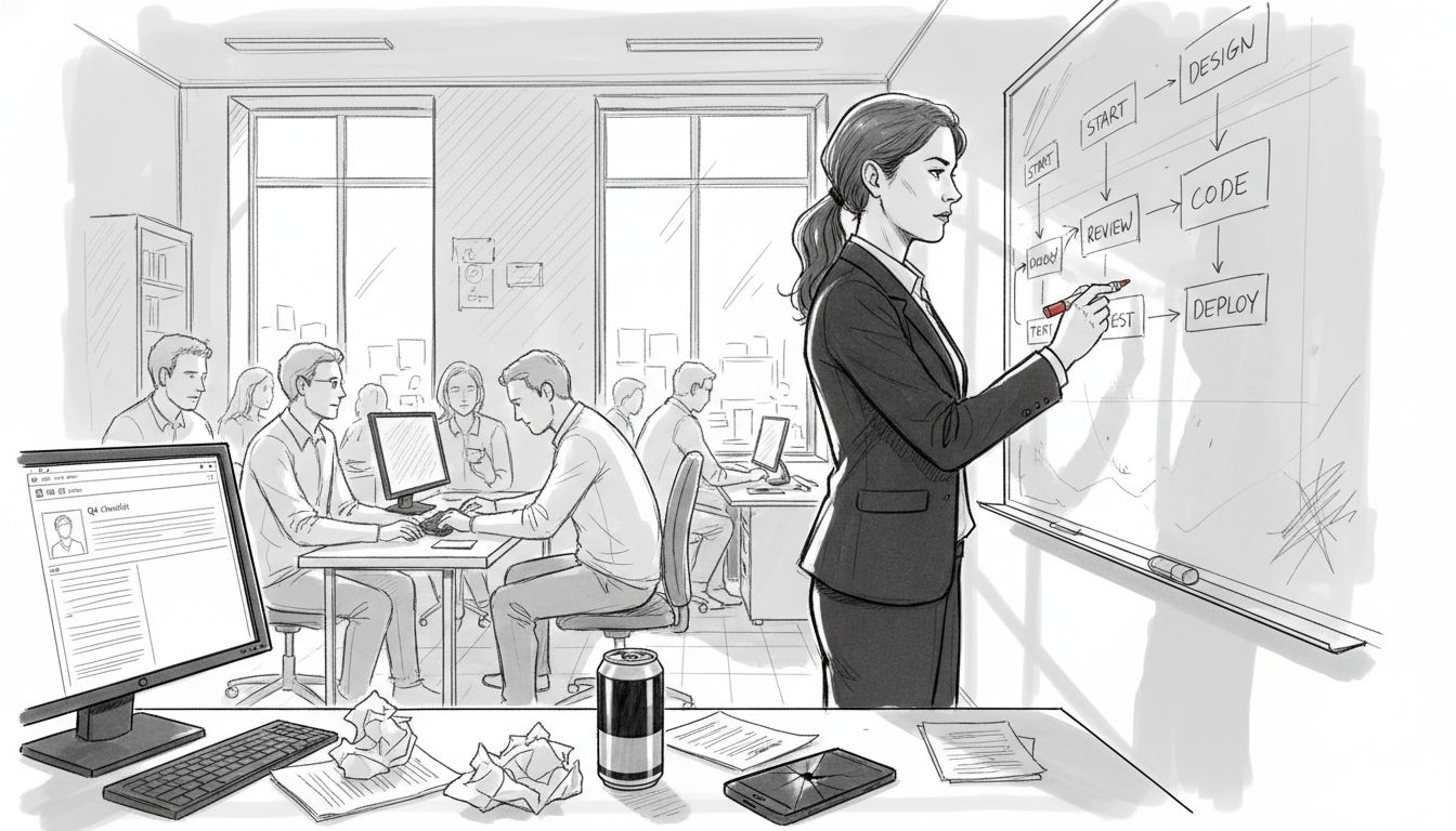 Team member documents workflow on whiteboard