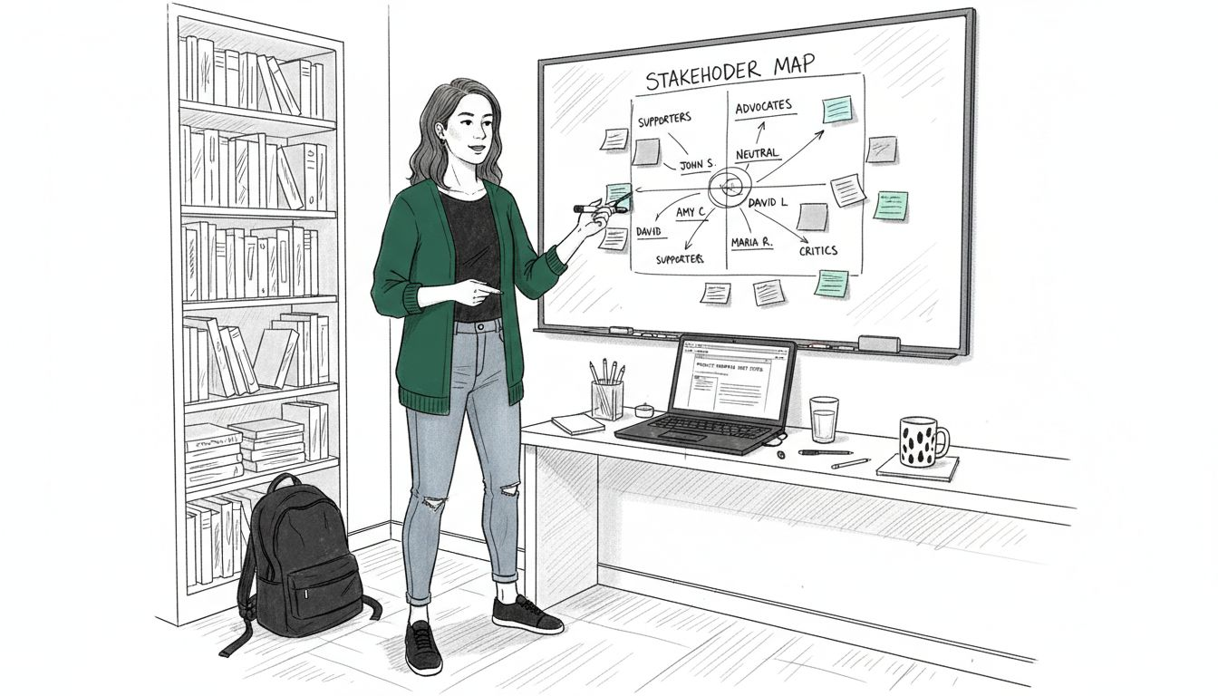 Manager updating stakeholder map on office whiteboard