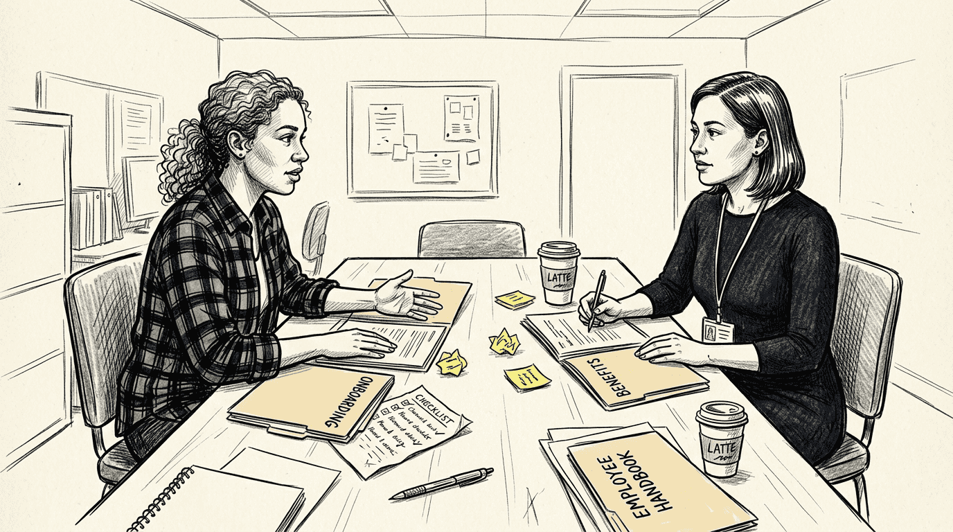 HR coordinators discussing onboarding documents together