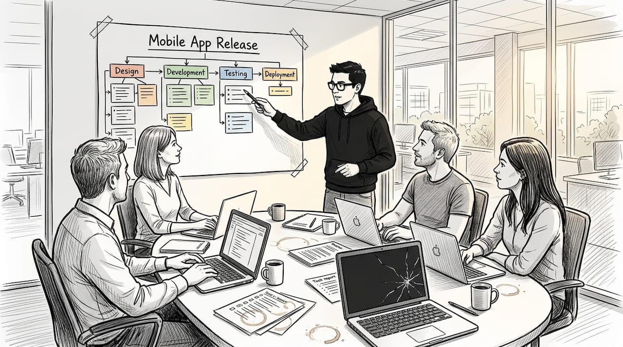 Software team discussing project breakdown chart