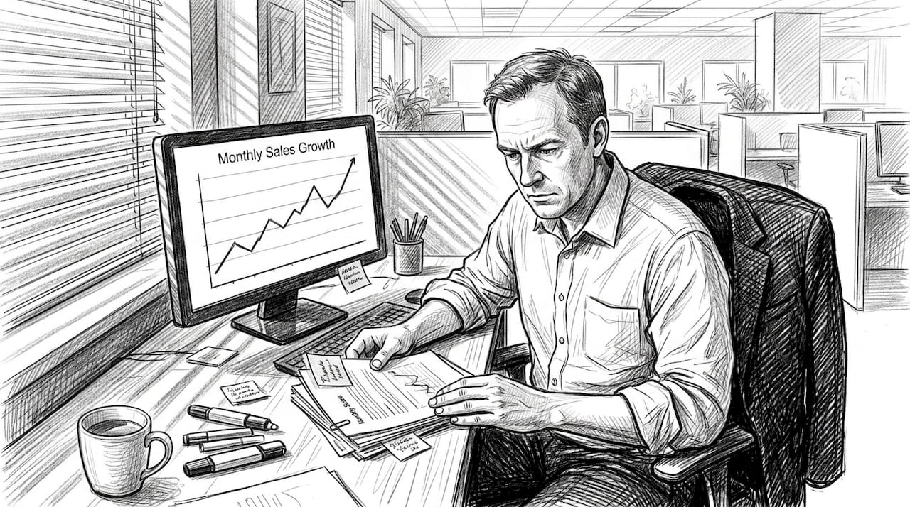 Sales manager studies AI-driven sales growth data