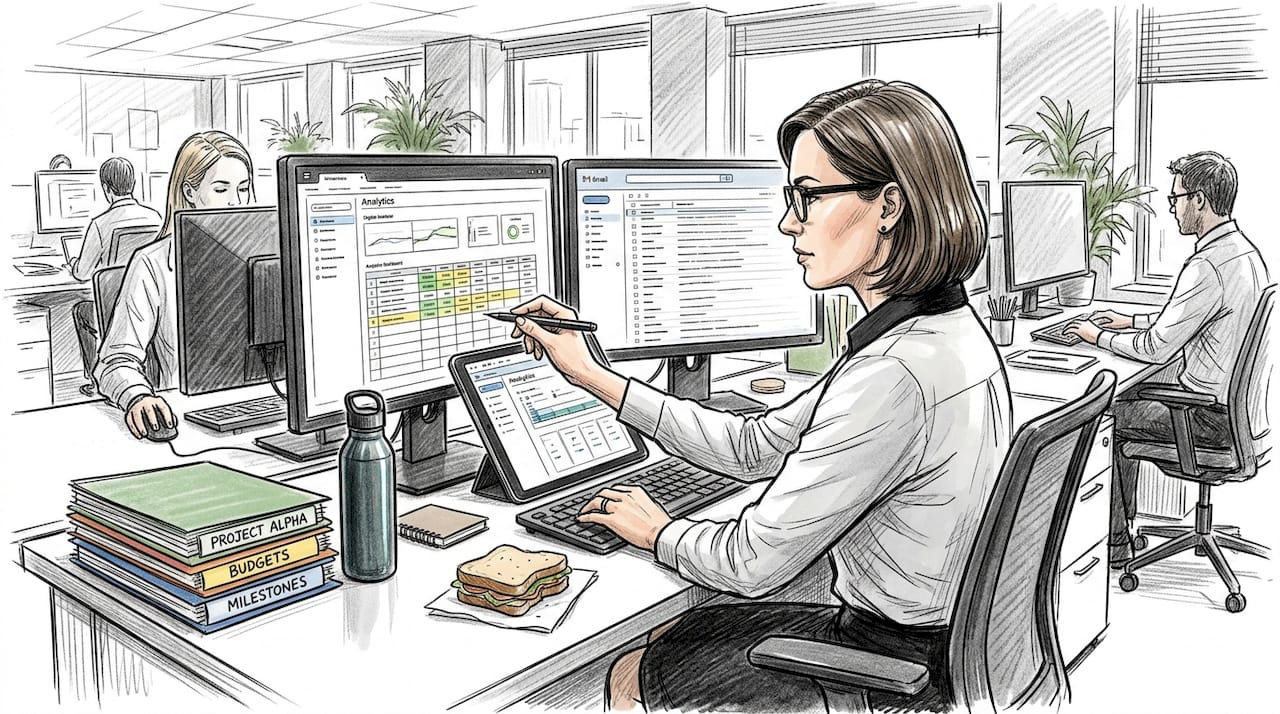 Project manager uses analytics at cluttered desk