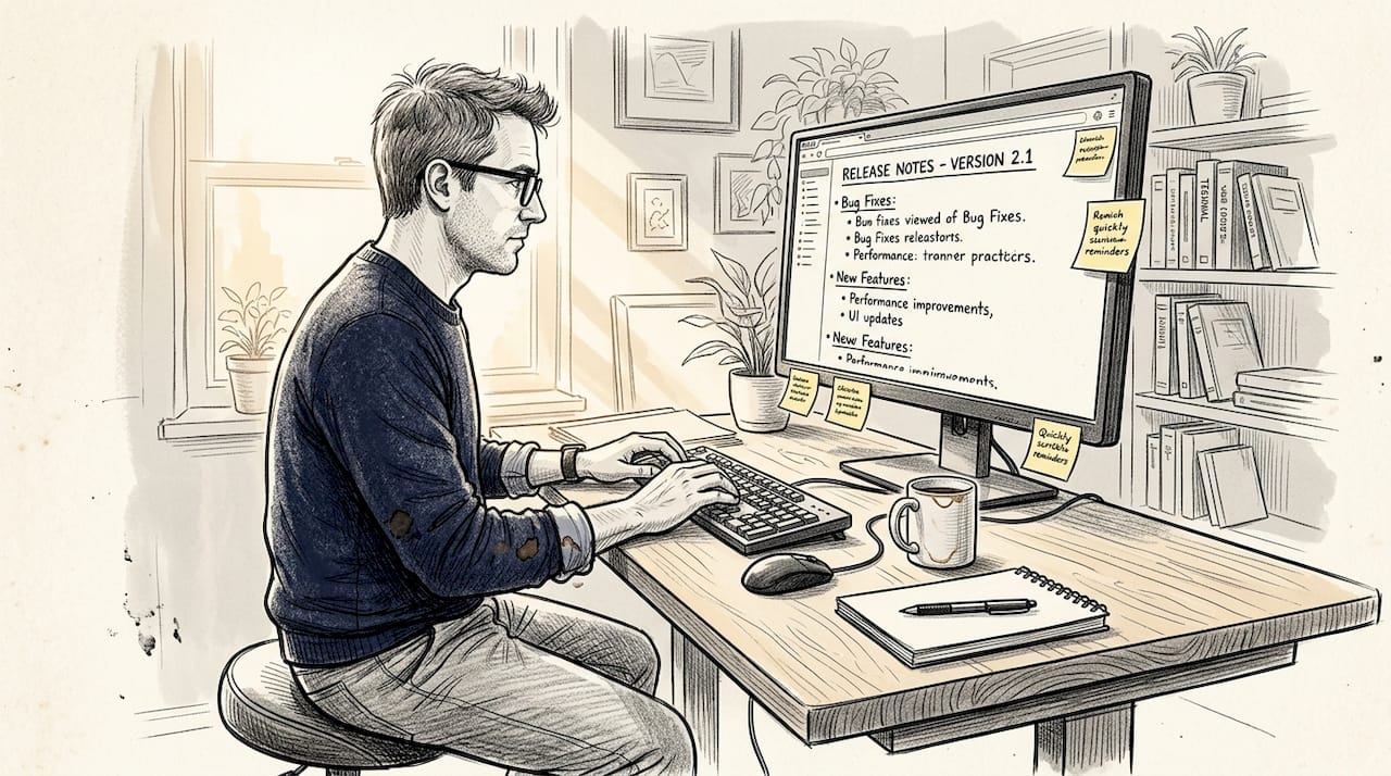 Engineer typing detailed release notes