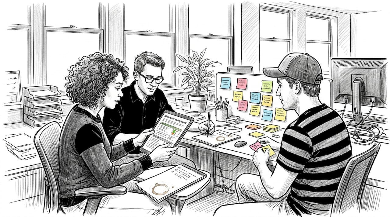 Team reviews AI client scoring report together