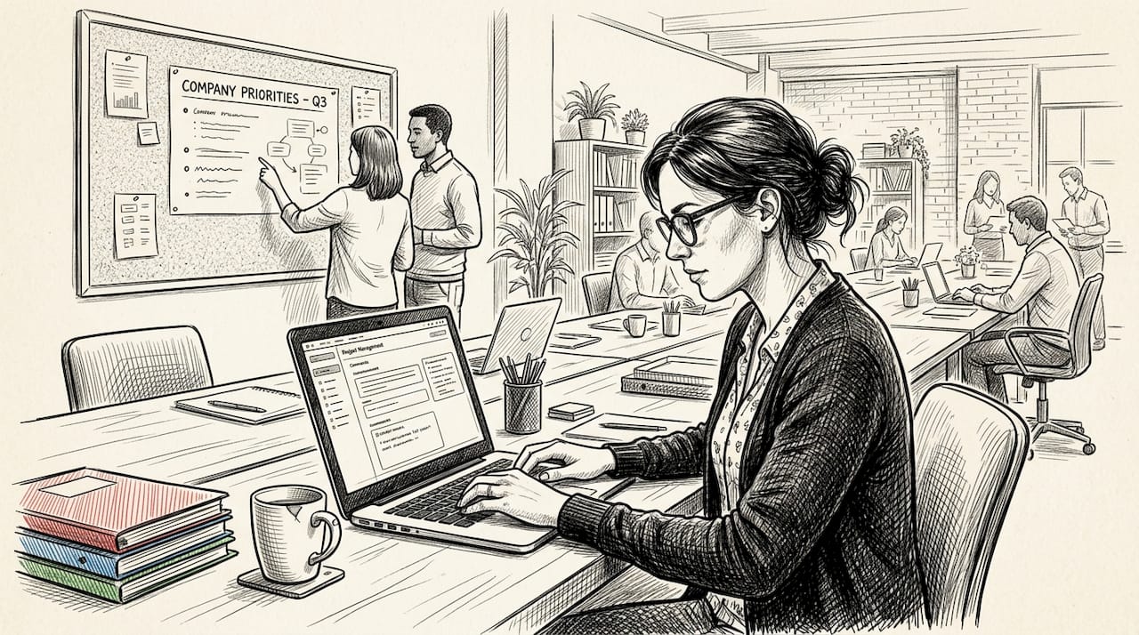 Manager updating team goals for alignment