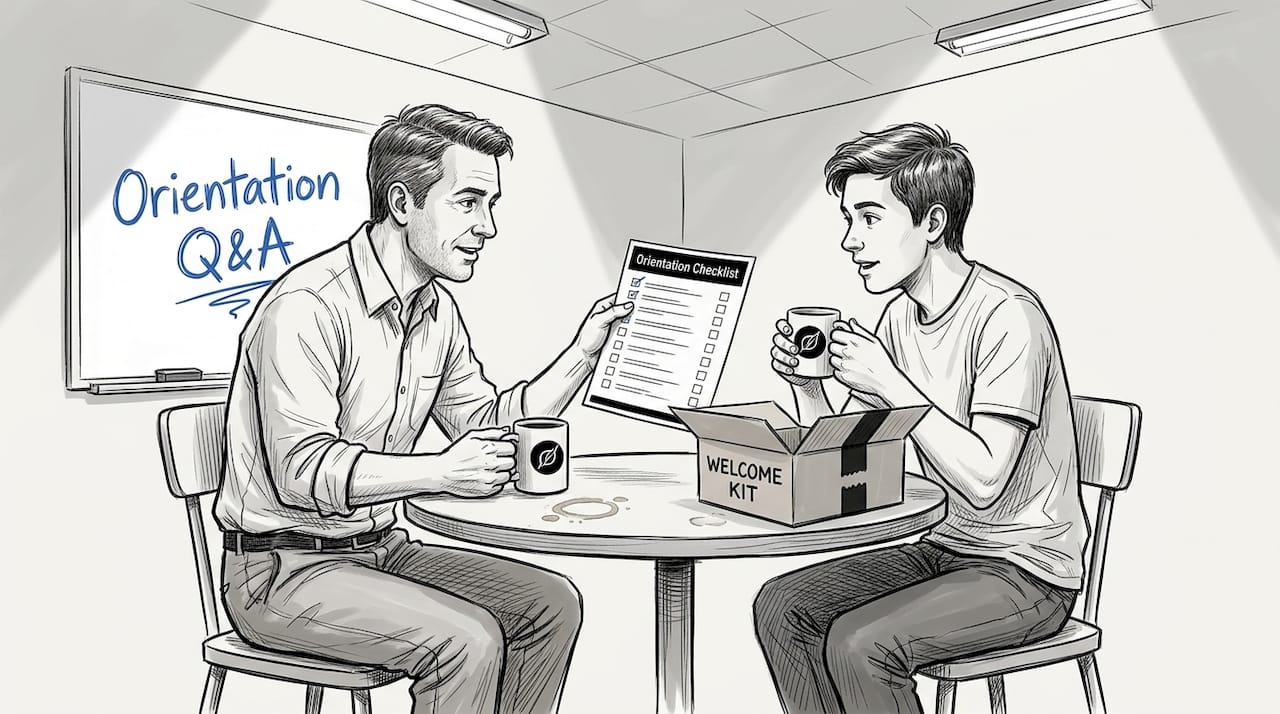 Colleagues reviewing onboarding checklist together