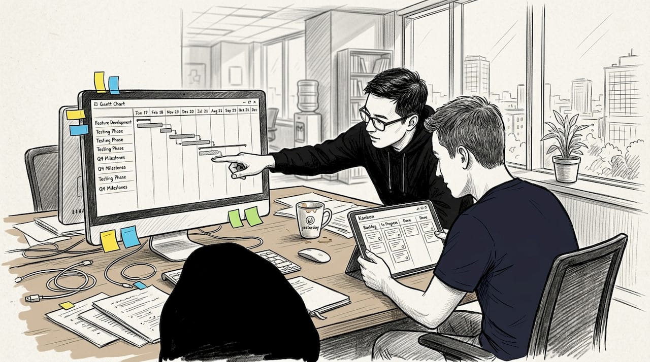 Developers referencing Gantt chart and Kanban app