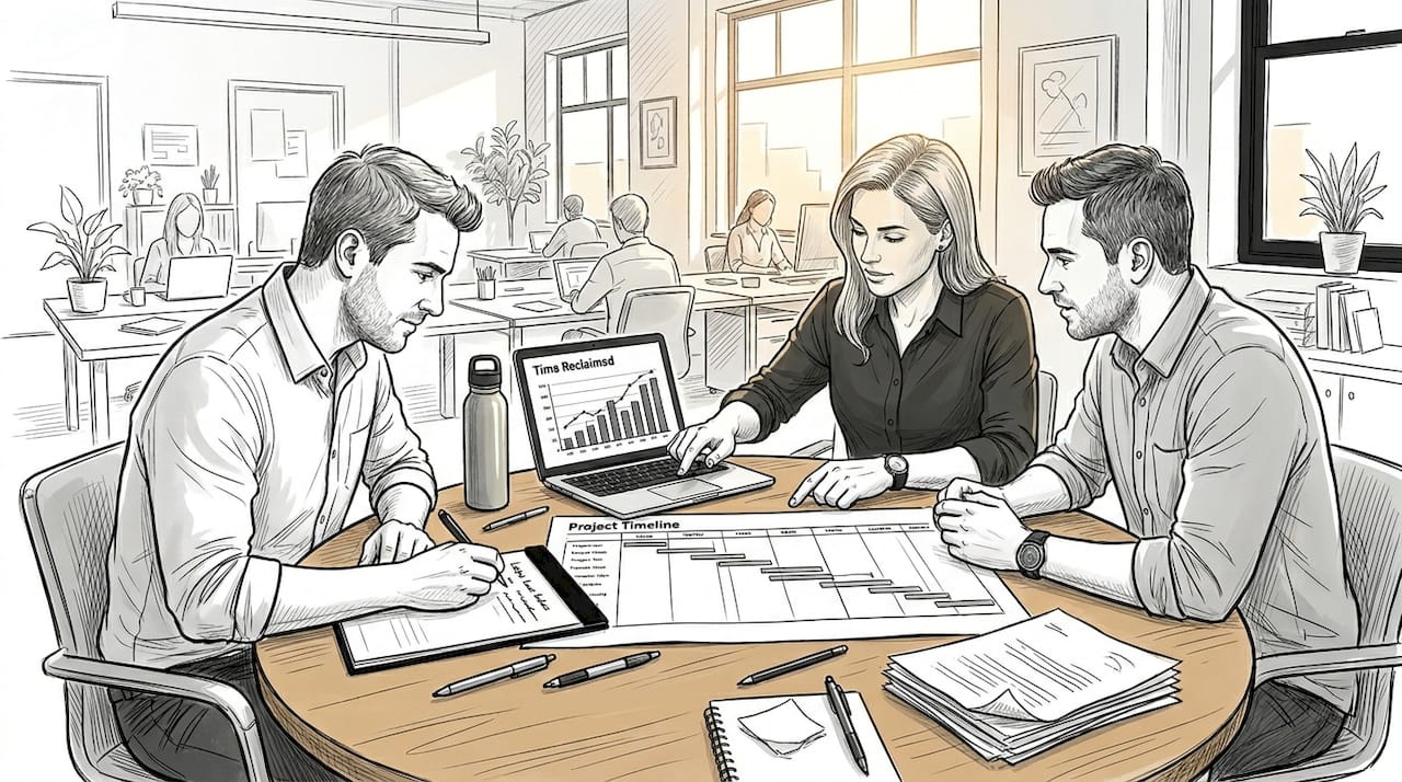 Business team reviewing AI project plans