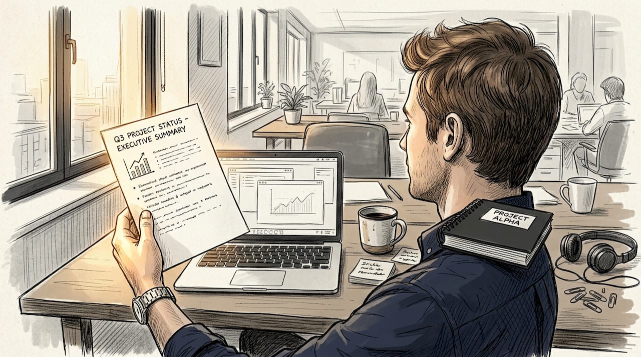 Project manager reading executive summary at desk