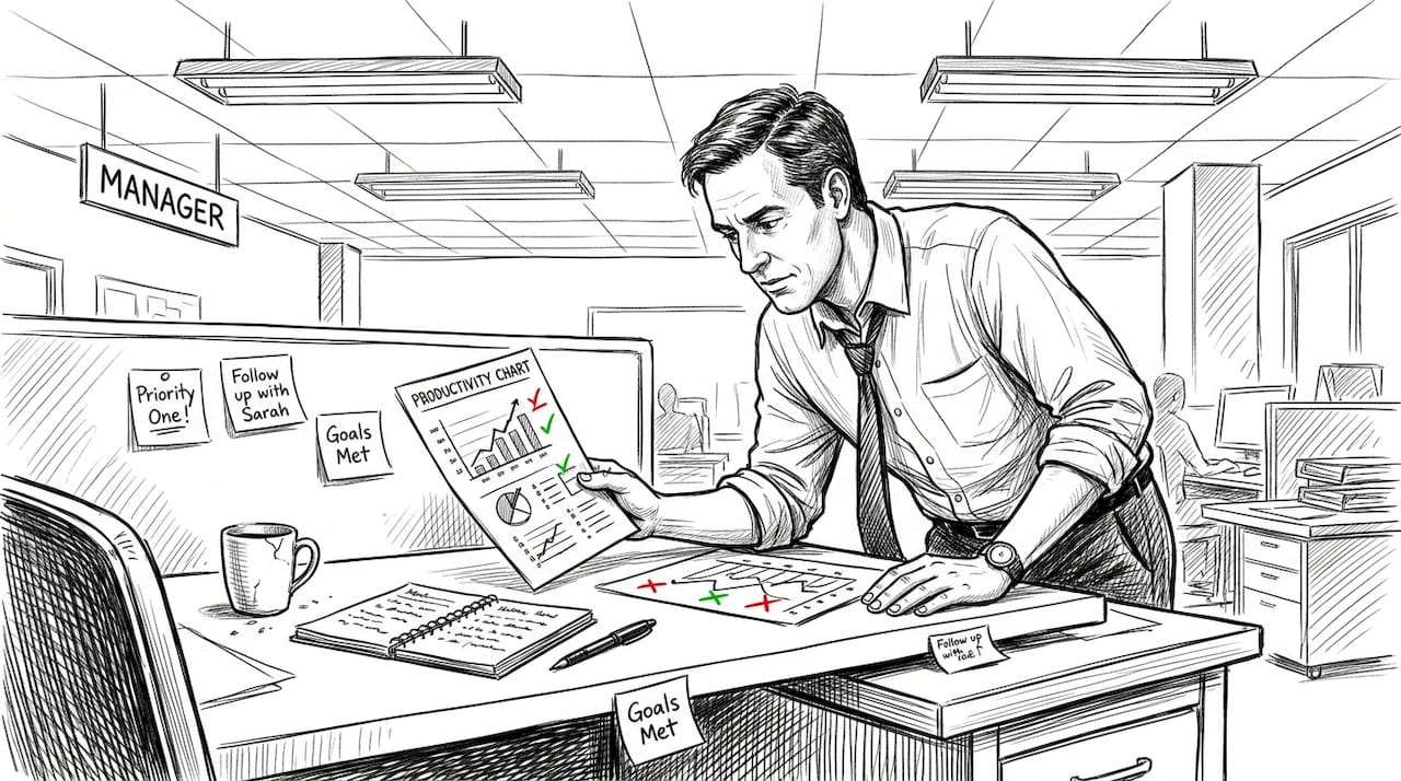 Manager reviewing printed productivity chart