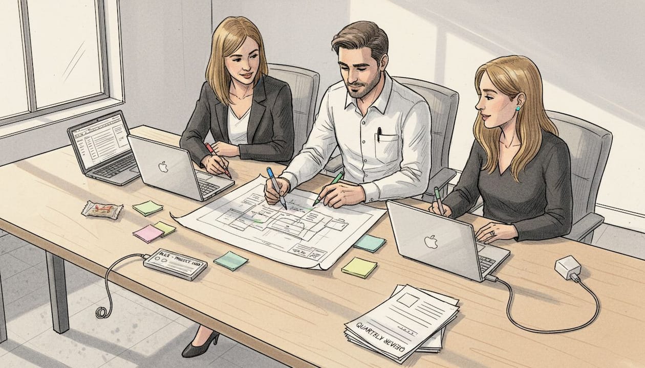 Colleagues reviewing project plan at workbench