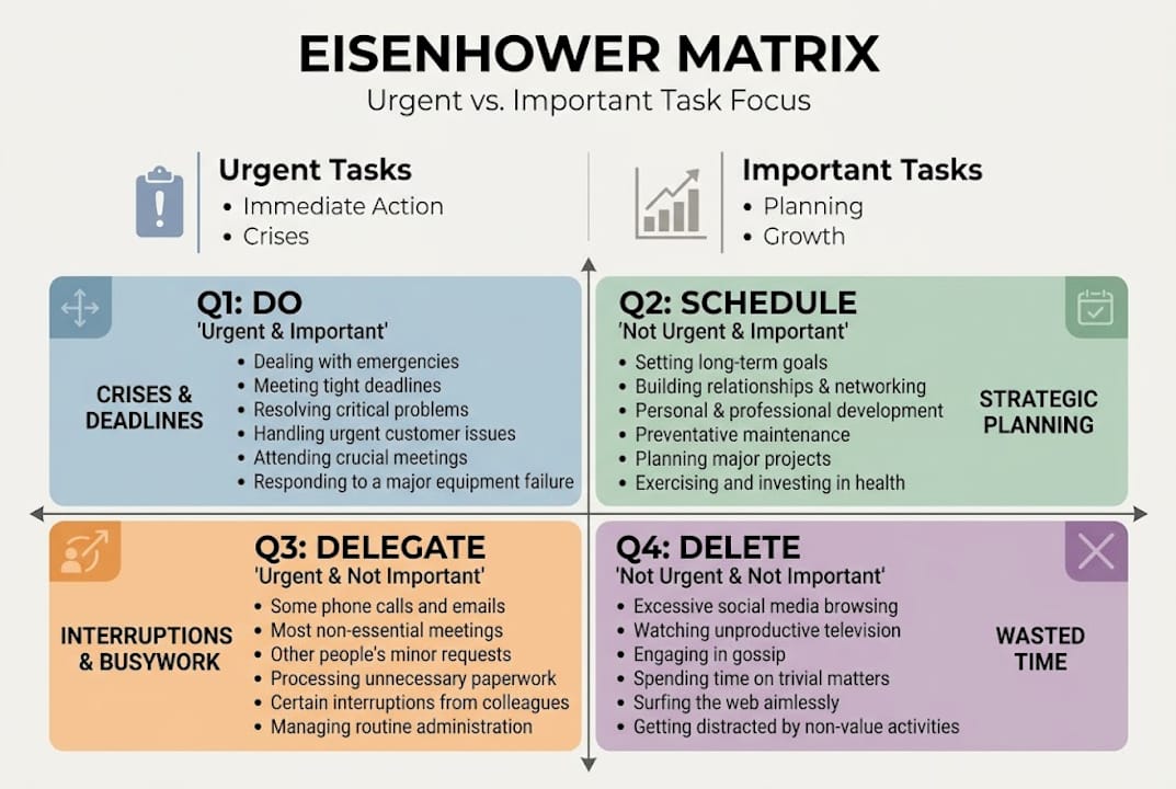 Infographic summarizes Eisenhower Matrix quadrants