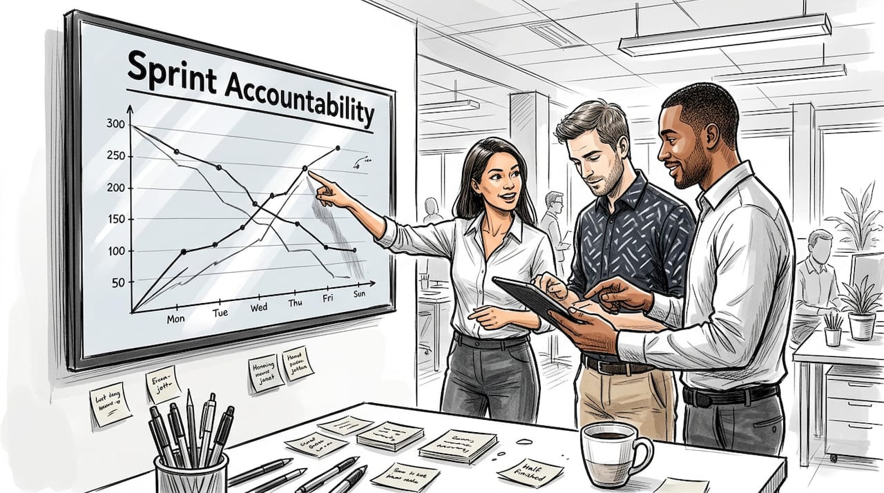 Team discussing burn chart for accountability
