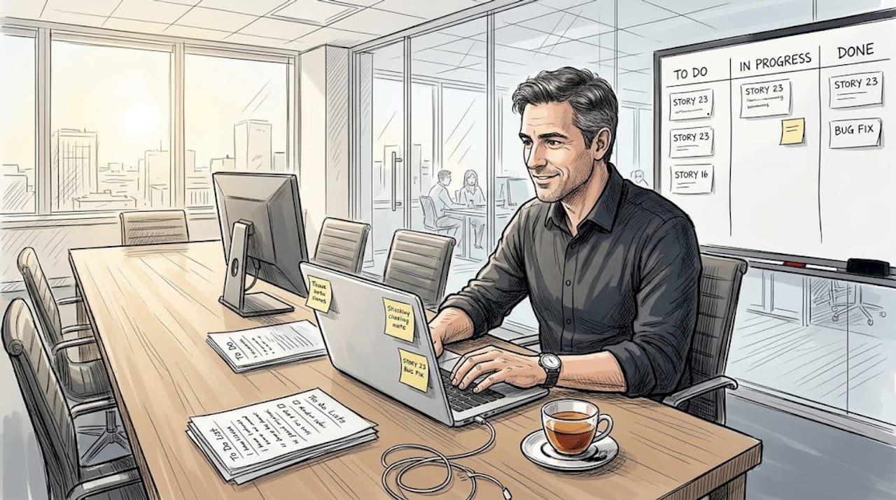 Project manager updating Kanban board at desk