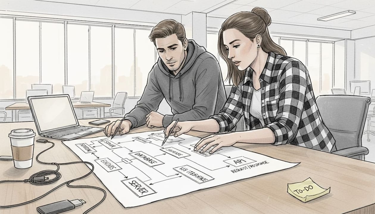 Team members reviewing network diagram together