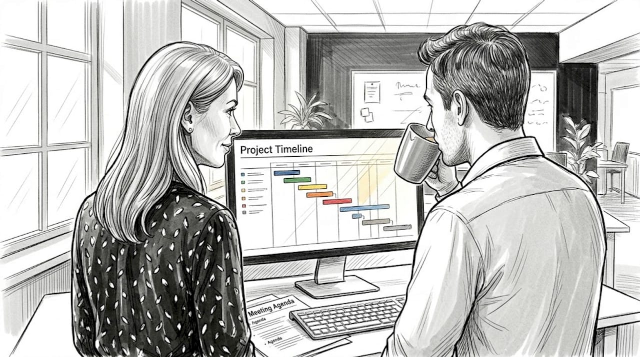 Team members reviewing project dashboard together