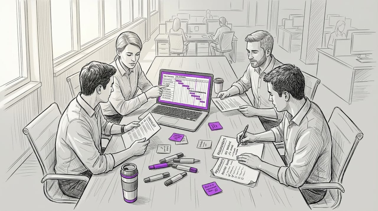 Team working on project plan checklist