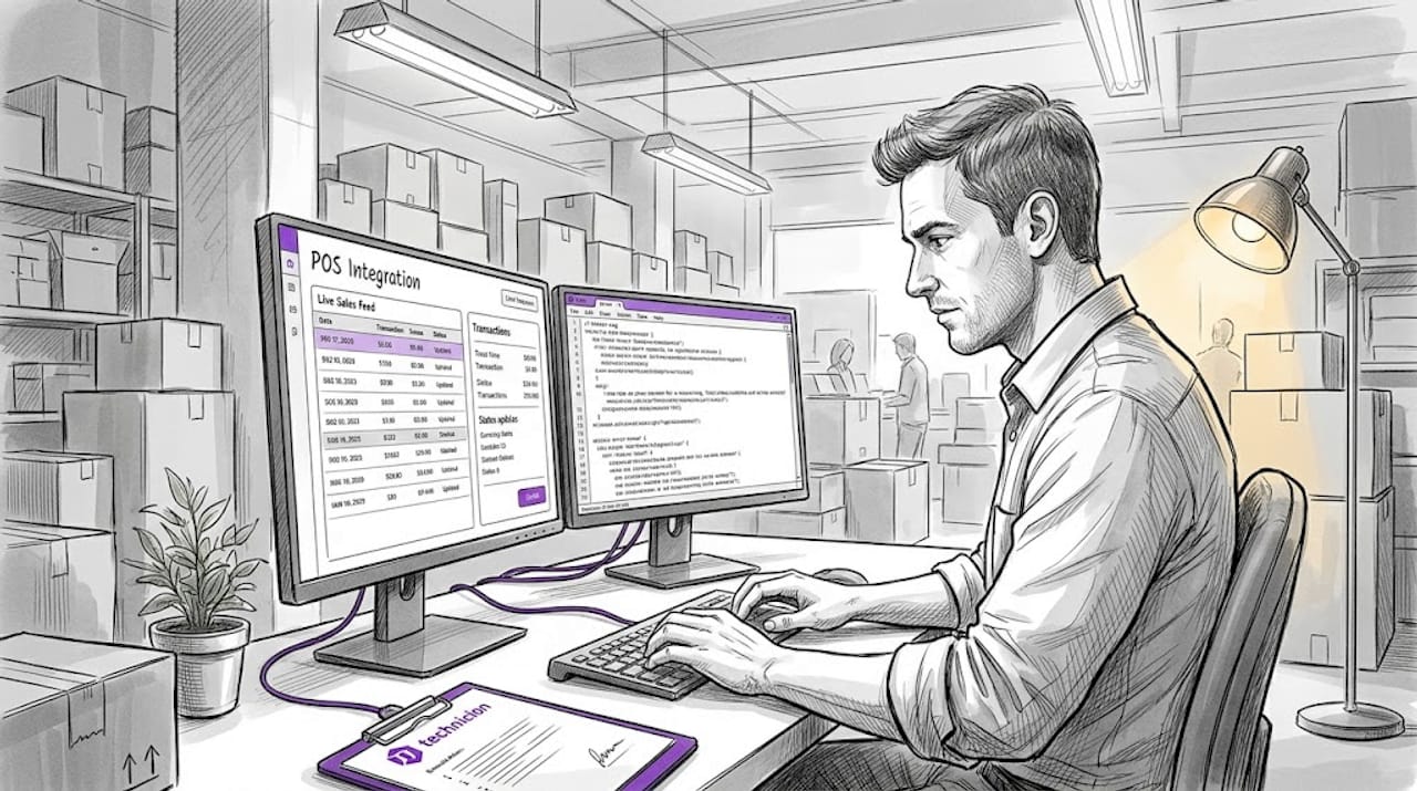 Technician updating CRM integration in stockroom