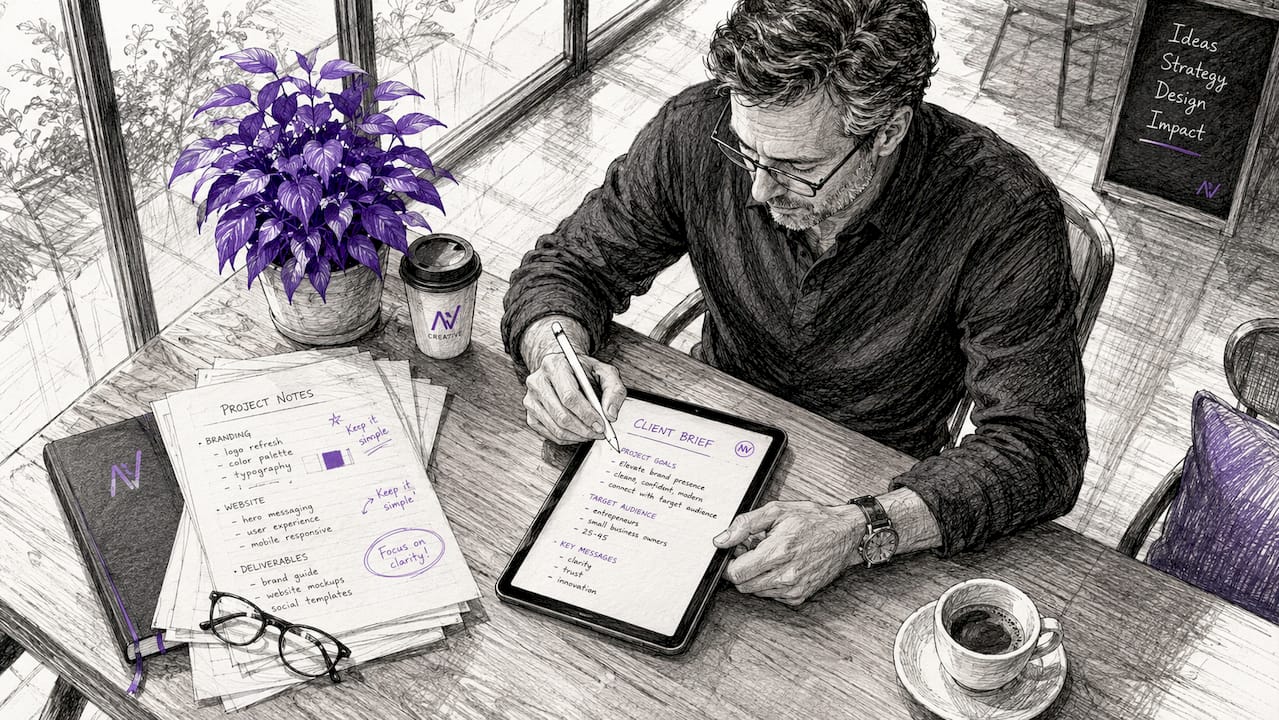 Hands entering client brief on tablet in office