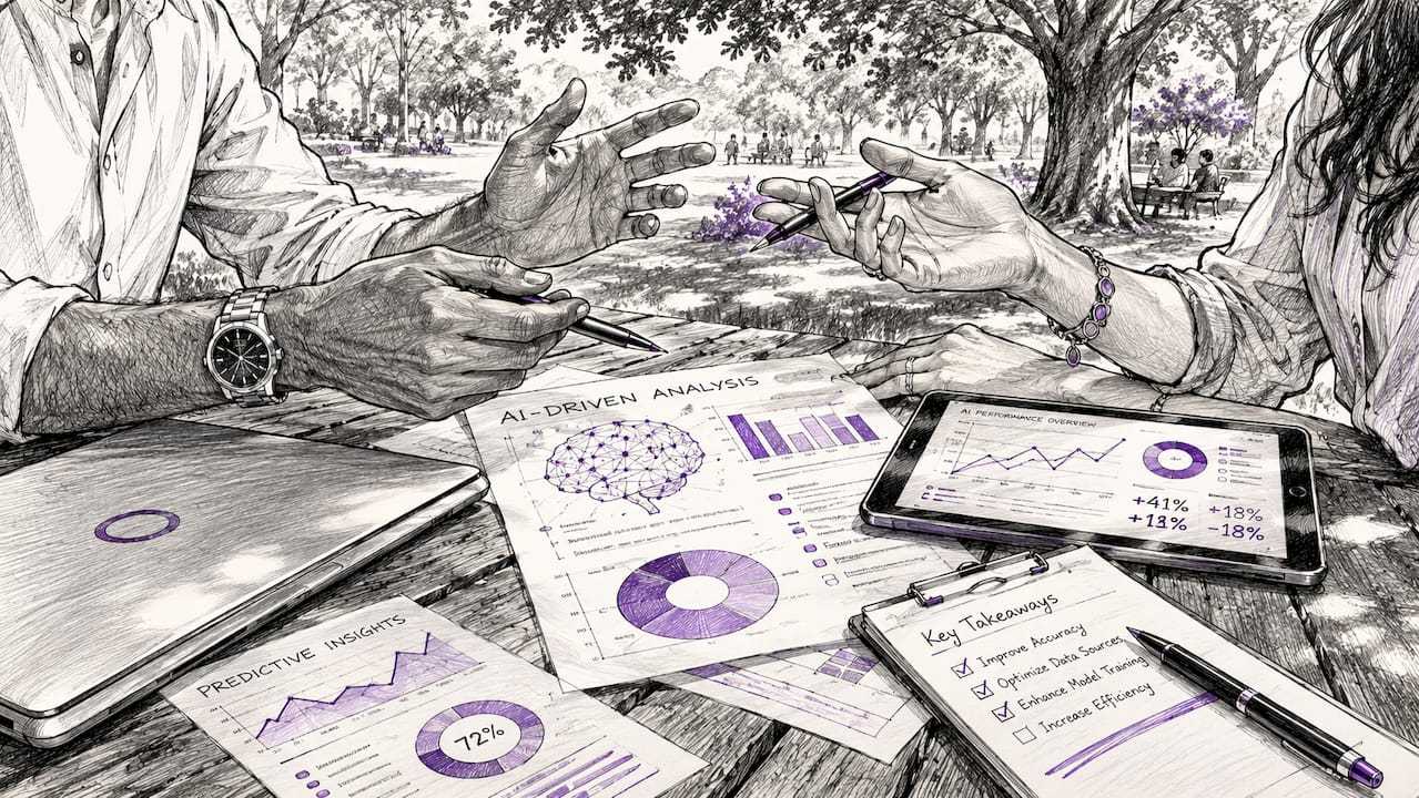 Hands discussing AI market research tool features