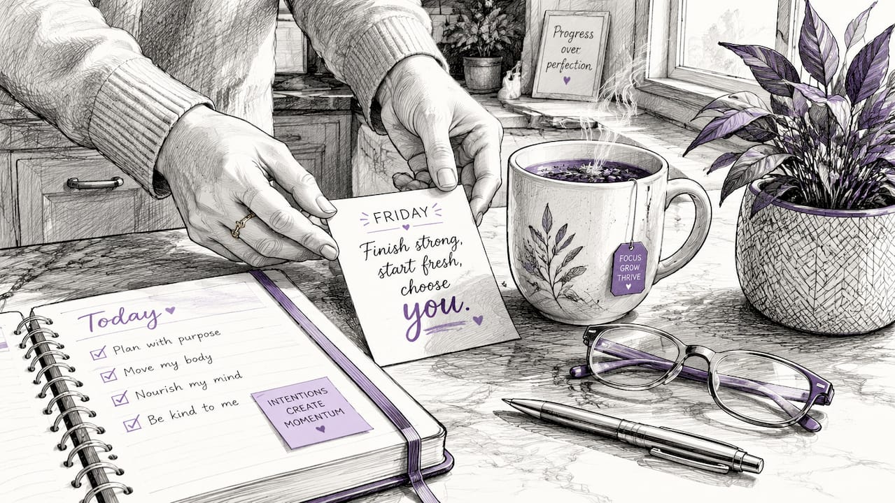 Hands placing motivational quote card by coffee