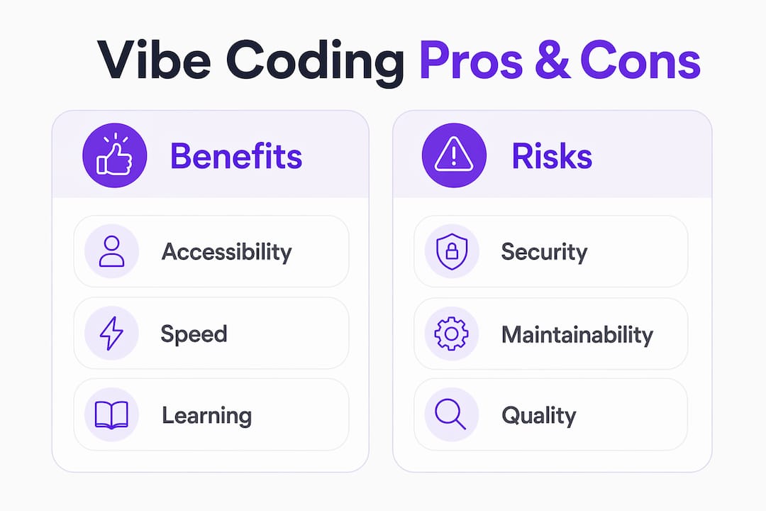 Infographic showing benefits and risks of vibe coding