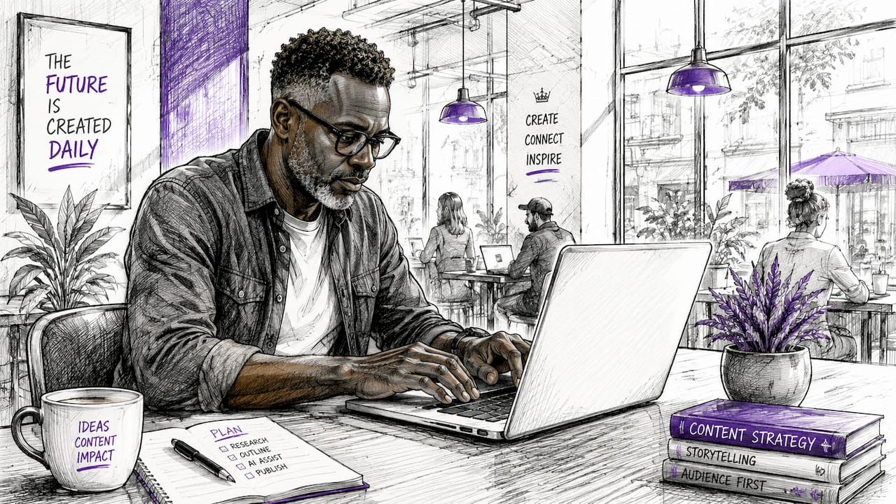 Content marketer at desk using AI tools