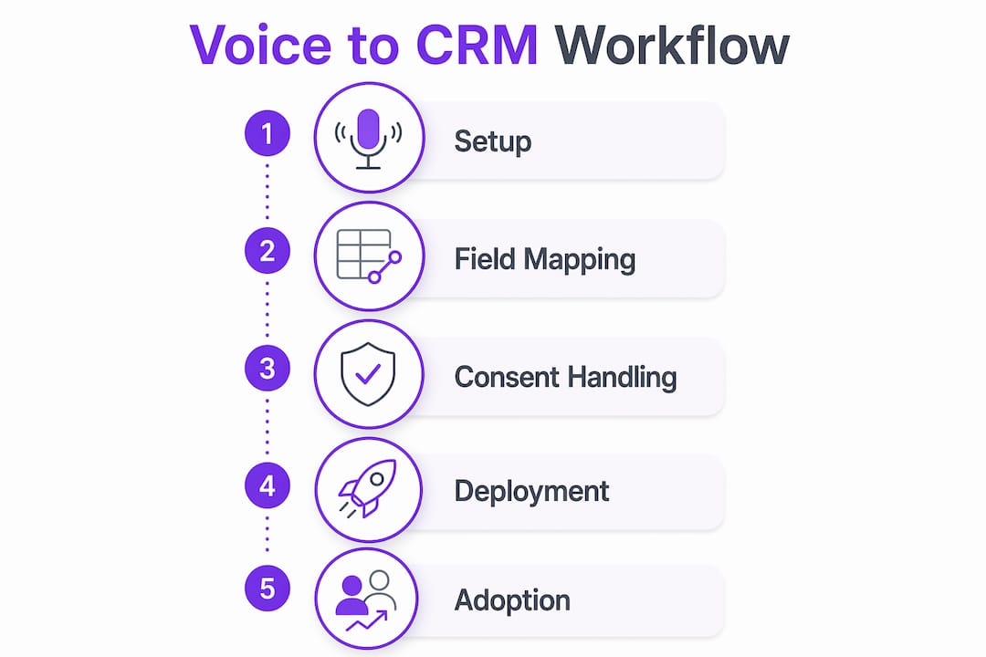 Infographic showing voice to CRM integration steps and benefits.