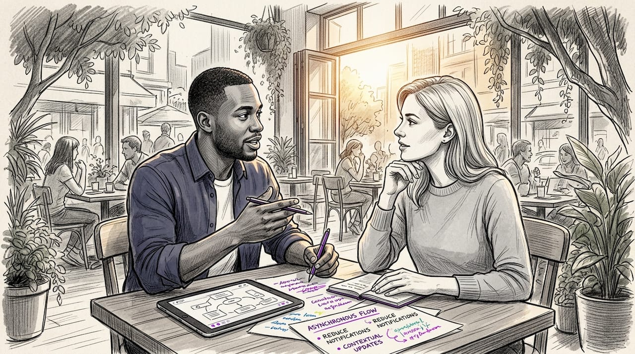 Two colleagues discussing communication in café