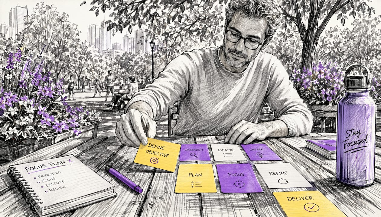 Man organizing daily task cards in coworking space