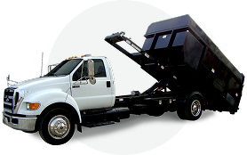 White roll-off dump truck with a raised black container for hauling debris.