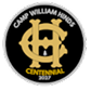 Circular emblem with gold intertwined letters CH, text 'Camp William Holmes Centennial 2017' around the edge.