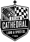 Steampunk style logo with checkered flags and text 'Steam Cathedral Late & Steam Coop' on black background.