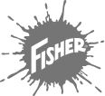 Splash-shaped graphic with the word 'FISHER' in bold uppercase letters.