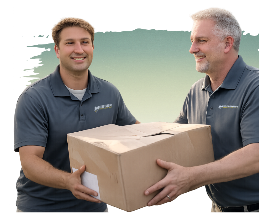 Two men wearing Messer company shirts smiling while holding a large cardboard box together.