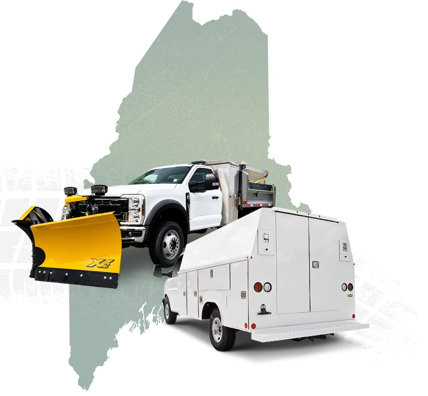 White snow plow truck and white utility service truck overlaid on Maine state map silhouette.