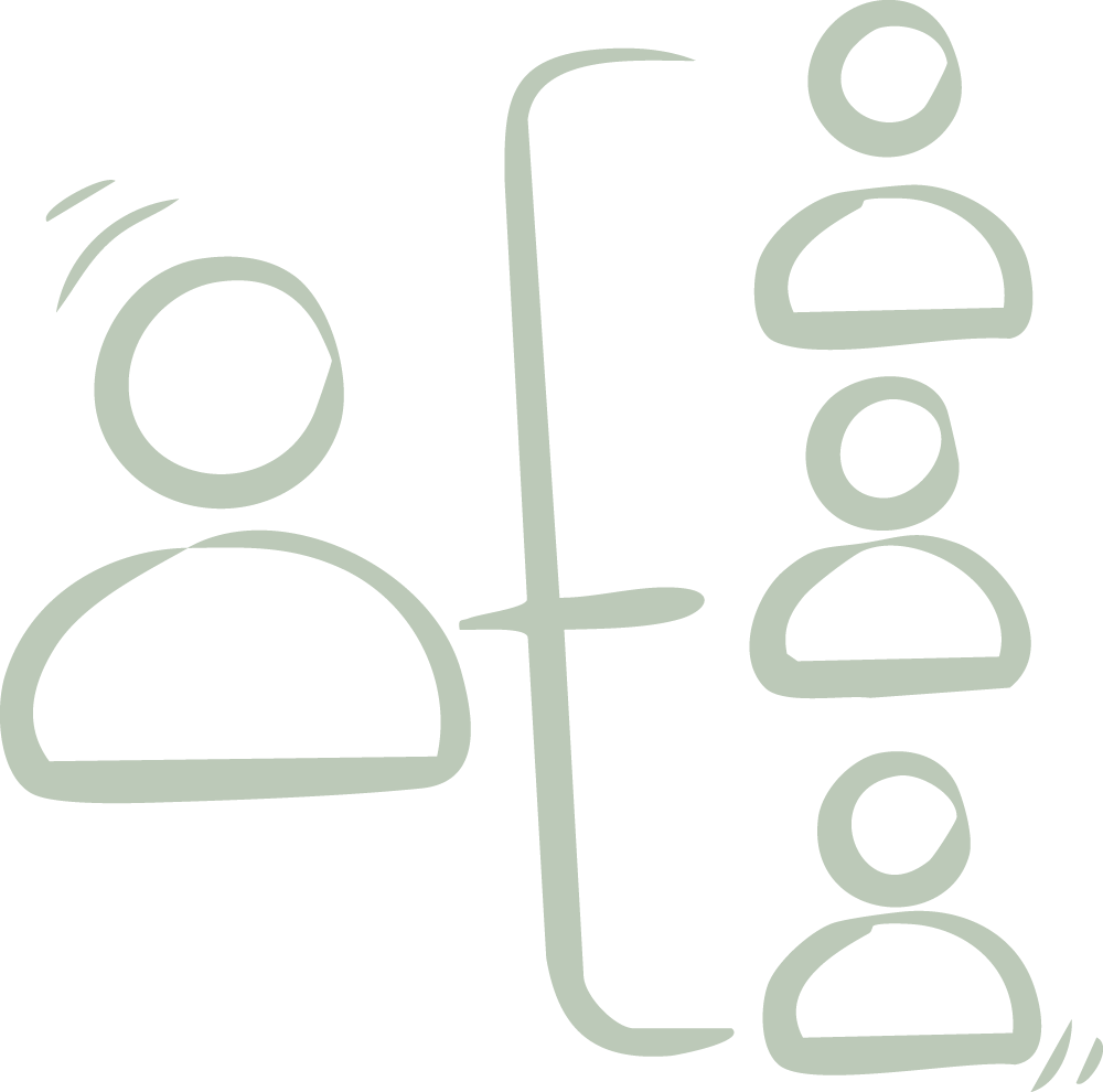 Eine schematische Darstellung einer Person auf der linken Seite, verbunden durch eine geschwungene Klammer mit drei weiteren Personen auf der rechten Seite, symbolisiert Team.