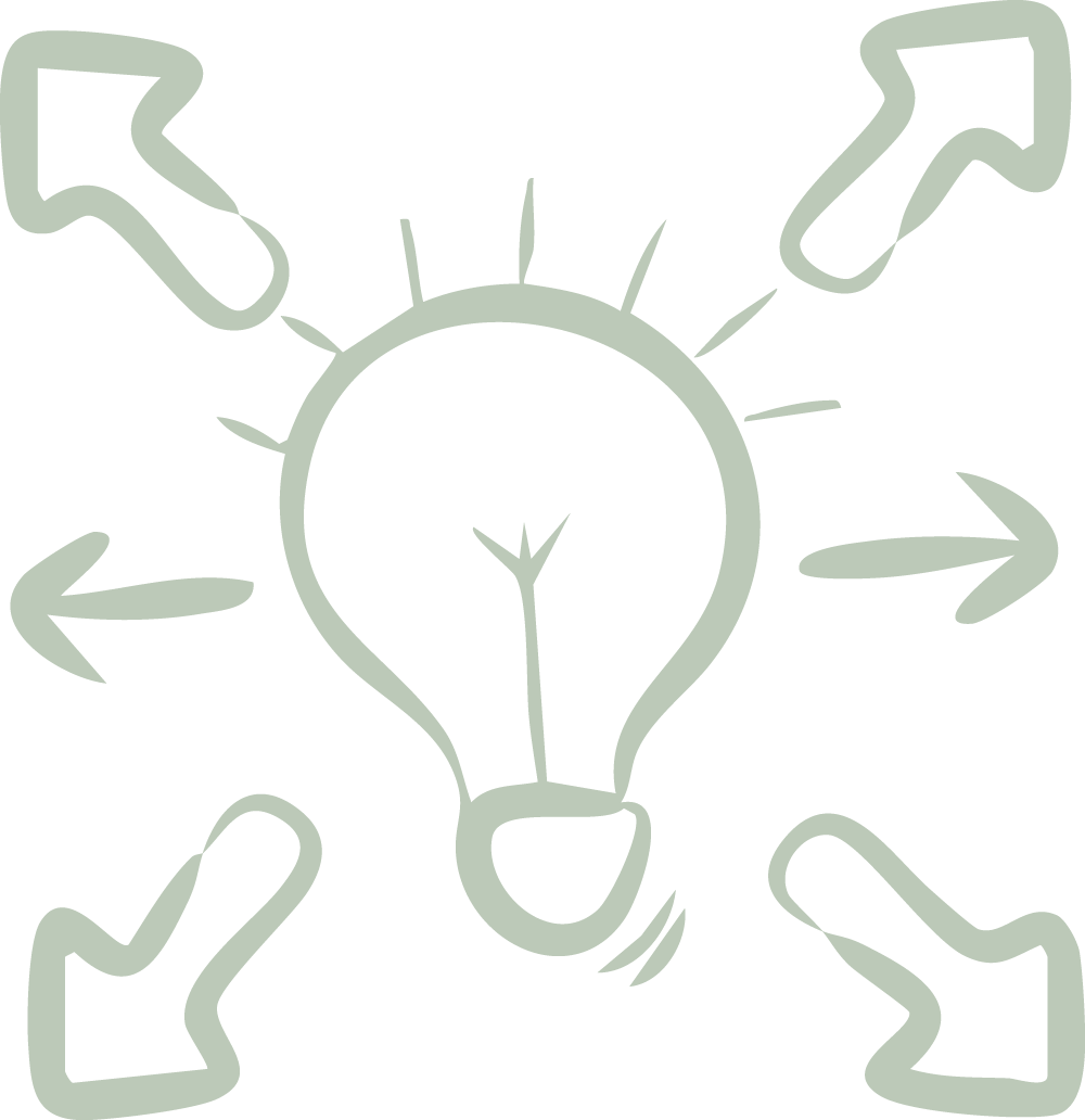 Skizze einer Glühbirne mit fünf Pfeilen, die in verschiedene Richtungen zeigen und Nachhaltigkeit symbolisieren.