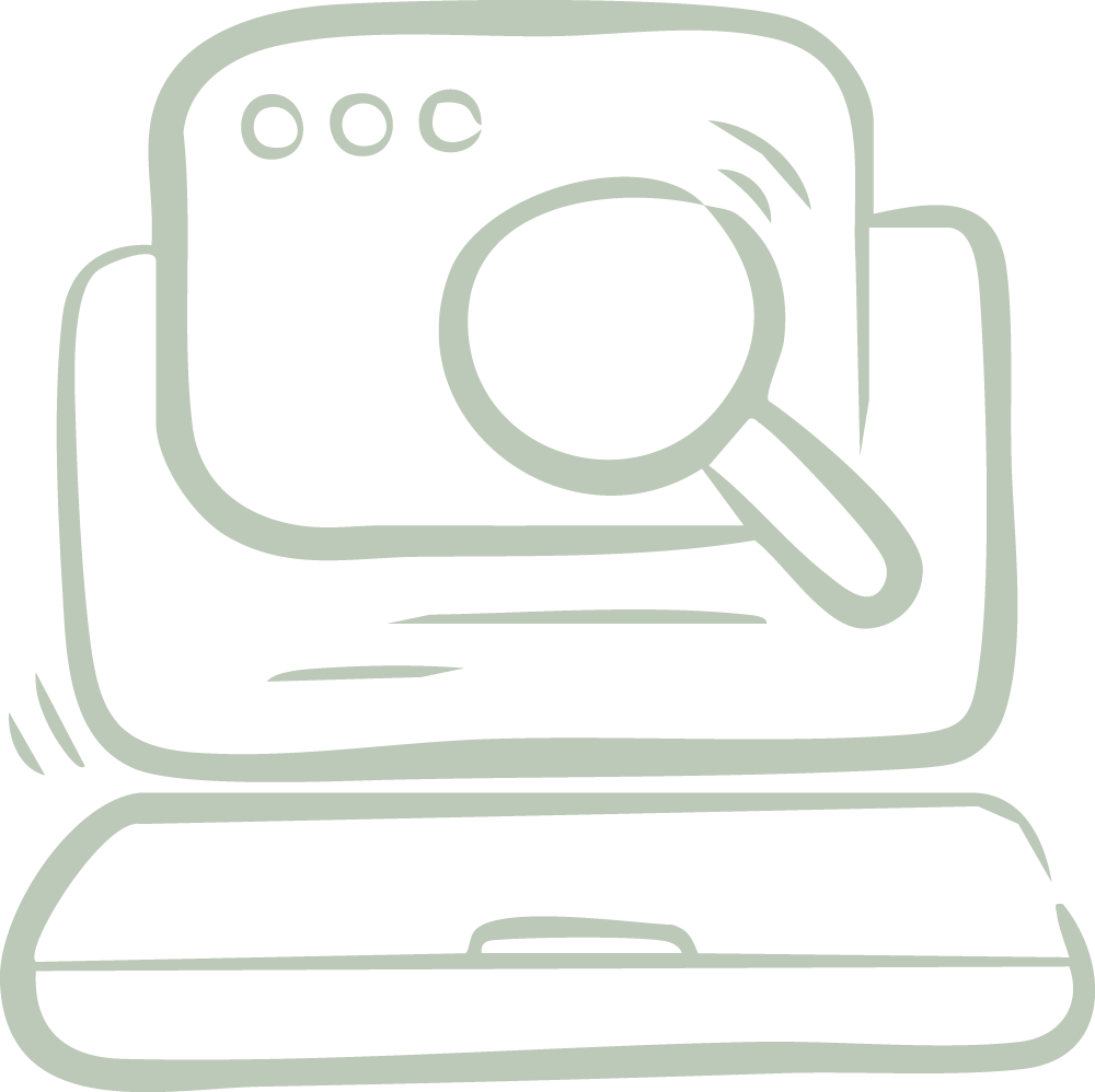 Stilisierter Computer mit einer Lupe auf dem Bildschirm als Symbol für Technologie.